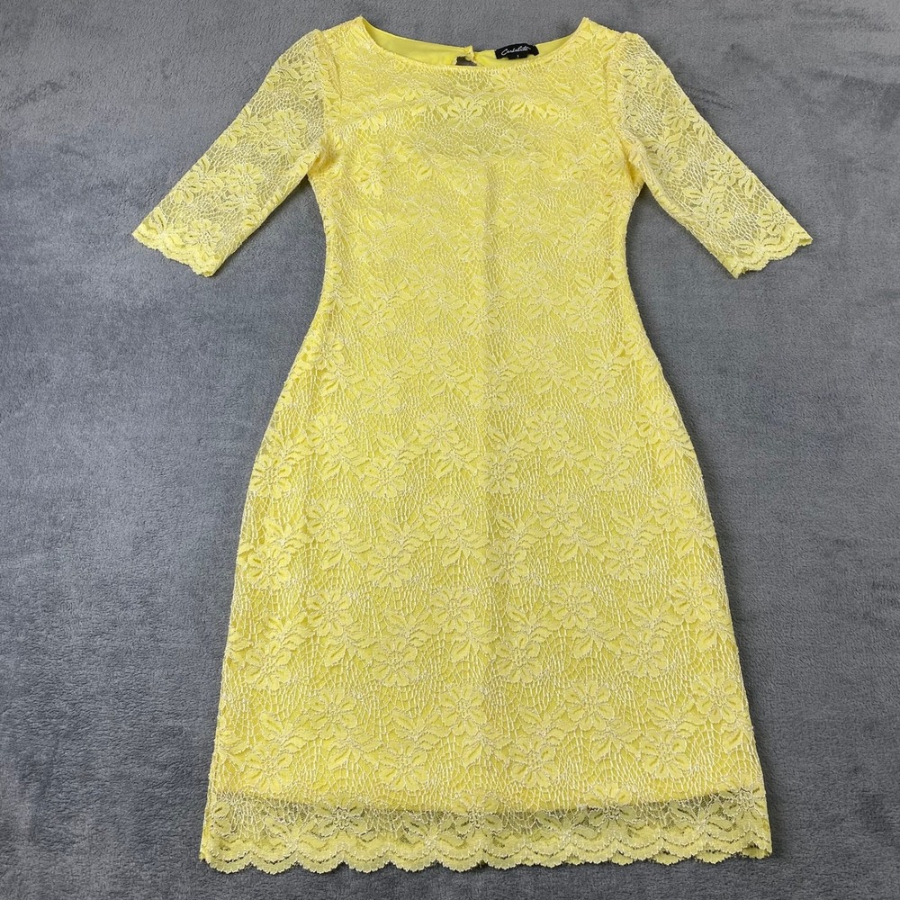 Candalite Women Small Lace Sheath Dress Yellow Floral 3/4 Sleeve Scalloped Hem